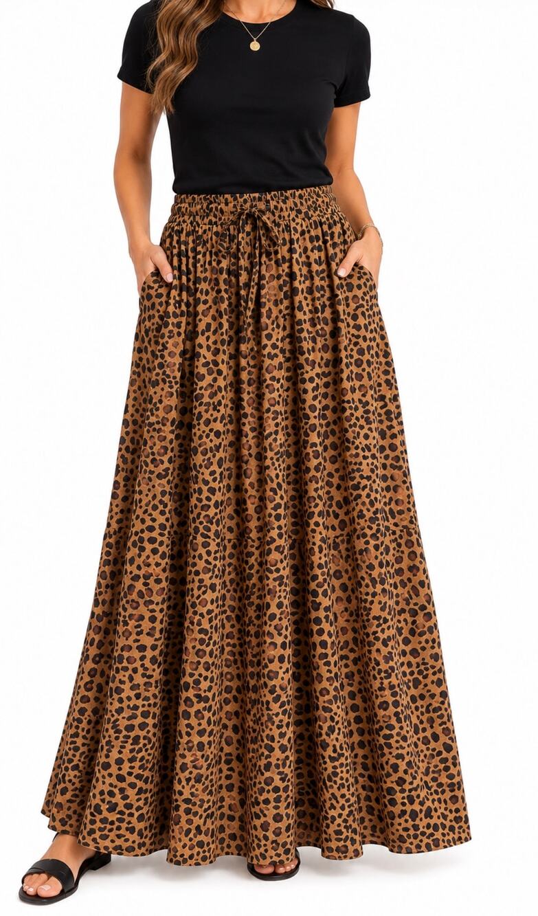 Bluetime Women’s Leopard Cheetah Print Brown Black Elastic Waste Maxi Skirt L